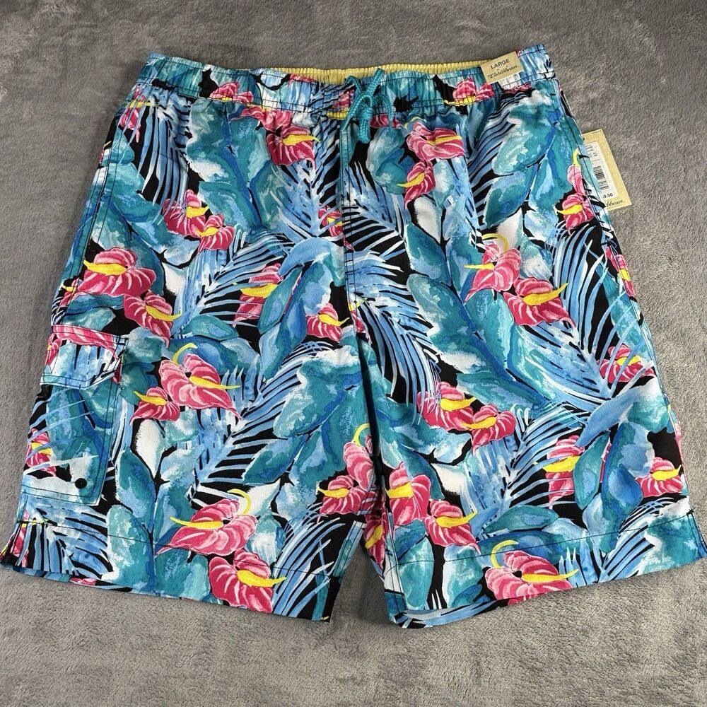 Caribbean Swim Shorts Trunks Mens L Blue Pink Lined Cargo Pockets Floral New $59